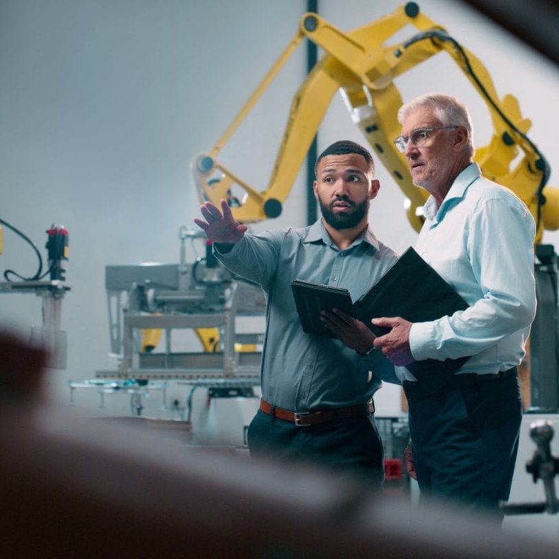 Robotics, people and engineer tablet with industrial collaboration and planning in warehouse. Factory, engineering and futuristic work of manufacturing management with discussion for cnc automation