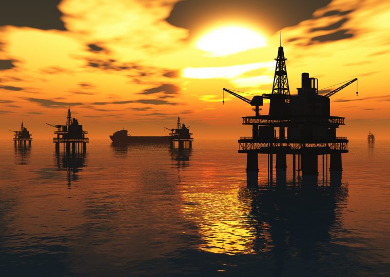 Sea Oil Platforms and Tanker in the Sunset 3D render